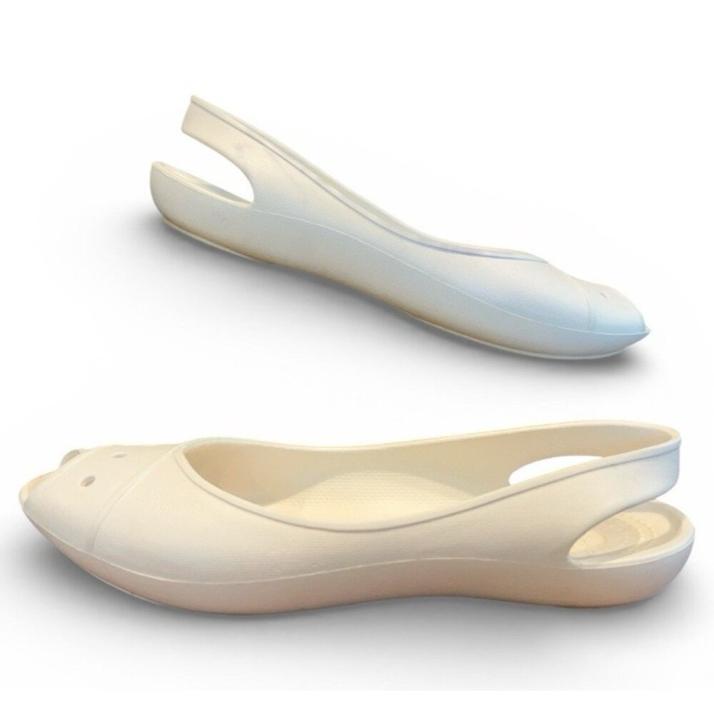 Crocs Farrah White Peep Toe Slip On Slingback Flat Comfort Shoes Womens 9 Casual